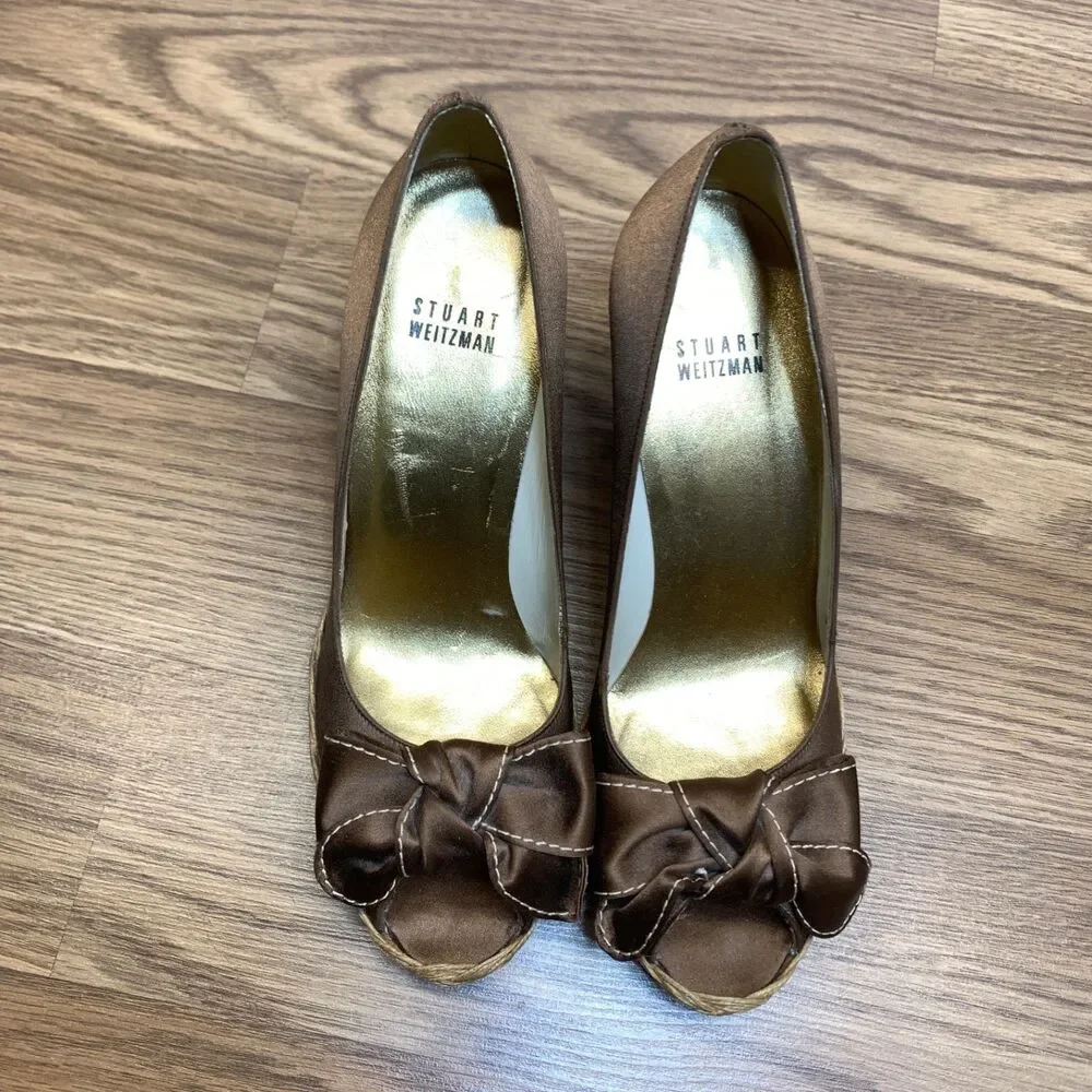 Stuart Weitzman Womes‎ Size 8M Bowden Amaretto Open Toe Espadrille Wedge